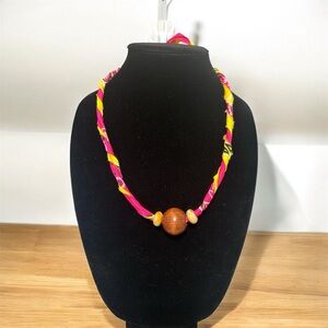 (#53) Handmade Pink and Yellow Bandana Necklace with Wooden Bead